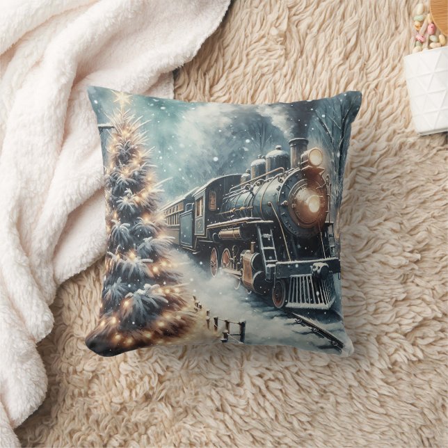 Coussin Train à l'ancienne et scène d'hiver Vintage (Couverture)