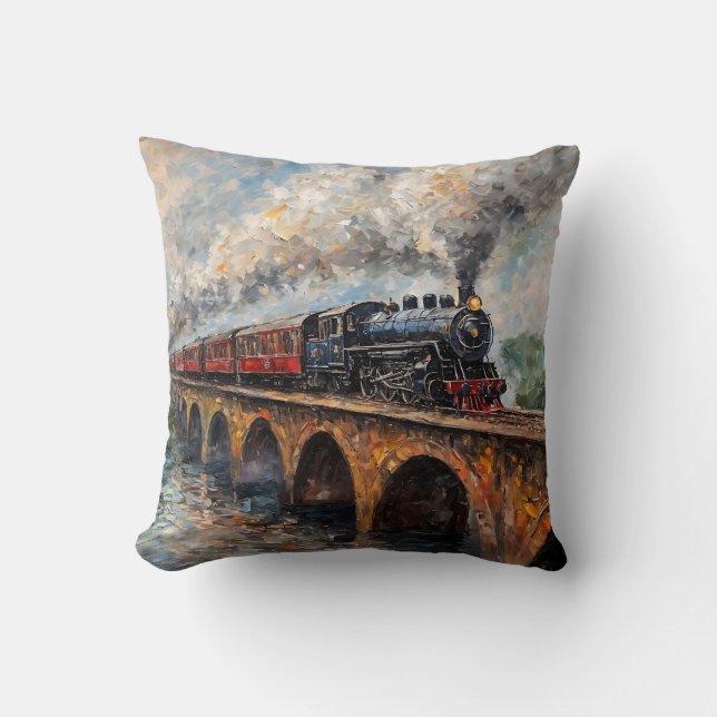 Coussin Train à vapeur sur un pont - Peinture à l'huile (Recto)