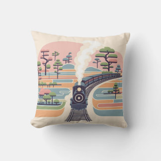 Coussin Train à vapeur vintage dans une forêt pastel rêvée