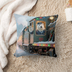 Coussin Train de Noël vintage avec ours polaire qui agite