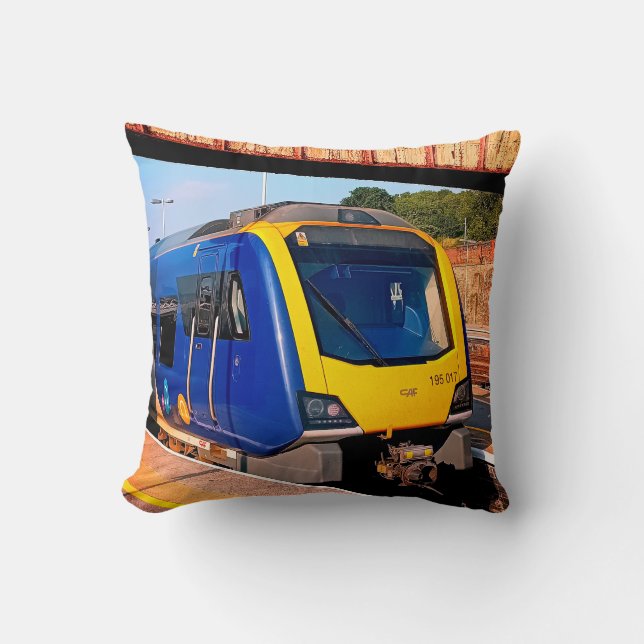 Coussin Train jaune et bleu, Sheffield (Recto)