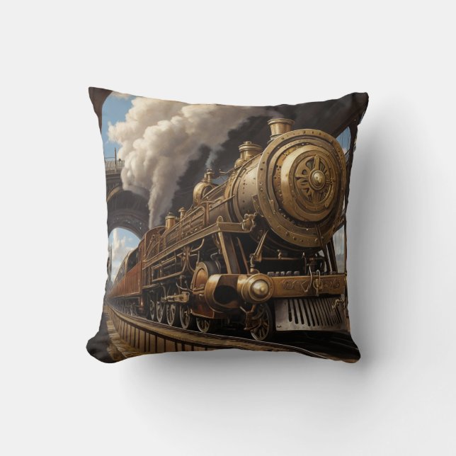 Coussin Train Steampunk et pont victorien (Recto)