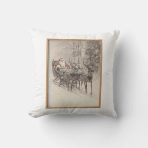 Coussin Traîneau de Père Noël vintage – Croquis de forêt d