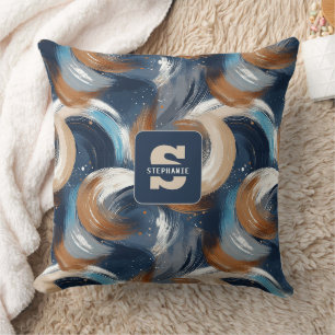 Coussin Traits de pinceau abstraits en bleu, blanc et marr
