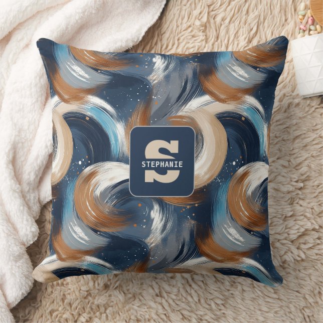 Coussin Traits de pinceau abstraits en bleu, blanc et marr (Couverture)