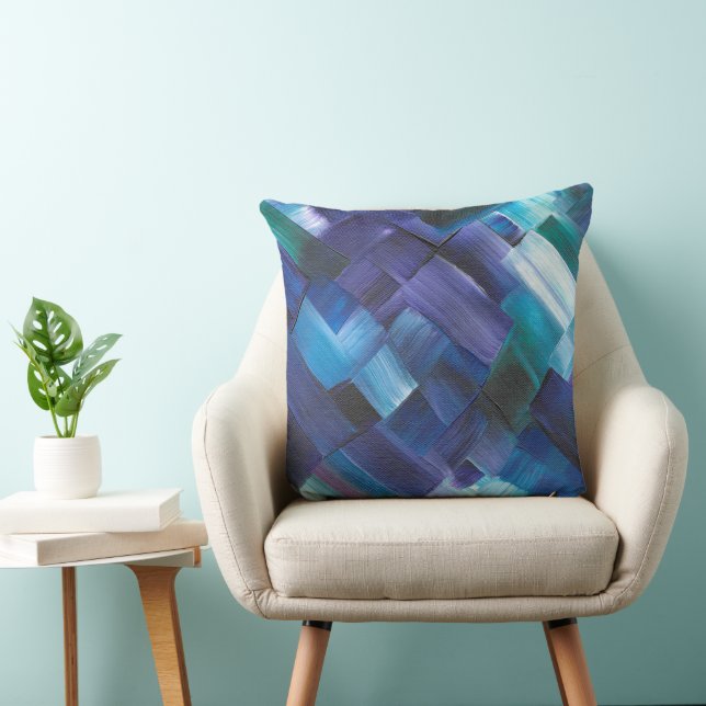 Coussin Traits de pinceau abstraits en bleu, sarcelle et v (Chaise)