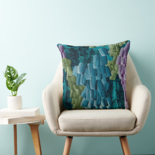 Coussin Traits de pinceau abstraits en bleu, vert et viole