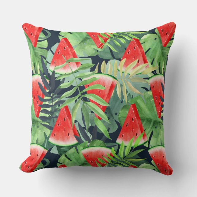Coussin Tranches de pastèque avec feuilles tropicaux (Recto)