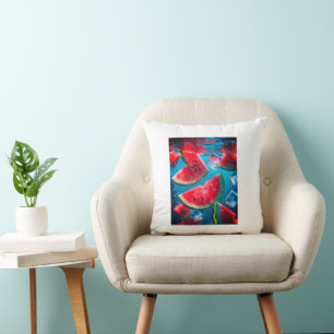 Coussin Tranches de pastèque vibrantes sous l'eau - Rafraî