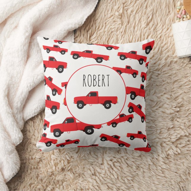 Coussin Transport de camions pick-up rouges Nom de garçons (Couverture)