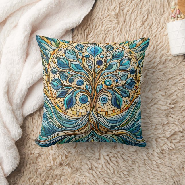 Coussin Tree of Life Shattered Glass Mosaic Aqua Blues  (Couverture)