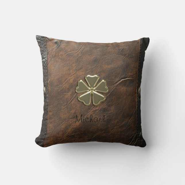 Coussin Trèfle doré Saint-Patrick, Cuir marron (Recto)