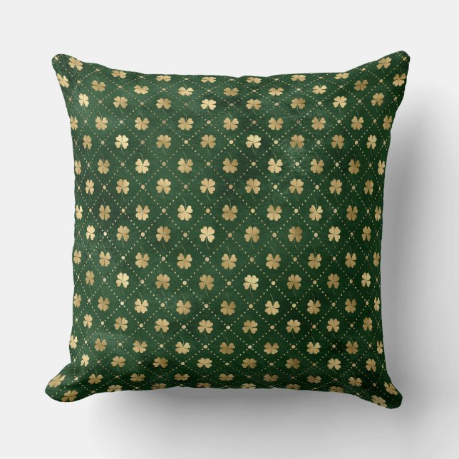 Coussin Trèfle Irlandais Vert et Or Élégant (Recto)
