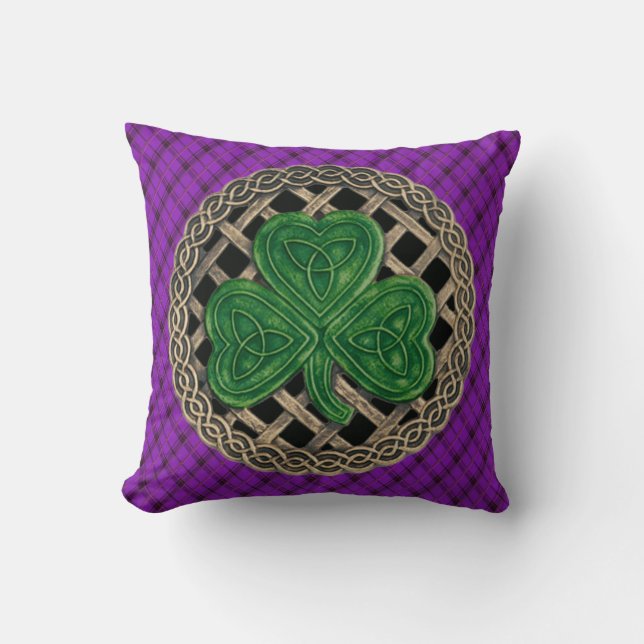 Coussin Trèfle noir Nœuds celtiques sur carreaux violets (Recto)