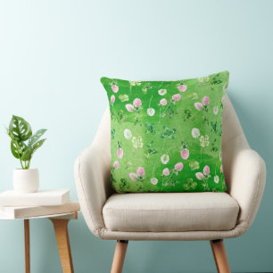 COUSSIN TRÈFLES VERT IRLANDAIS ET PETITES FLEURS ROSES