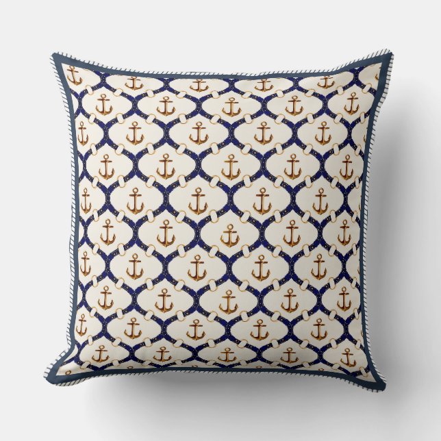 Coussin Trellis d'ancre élégant marine bleu et or (Recto)