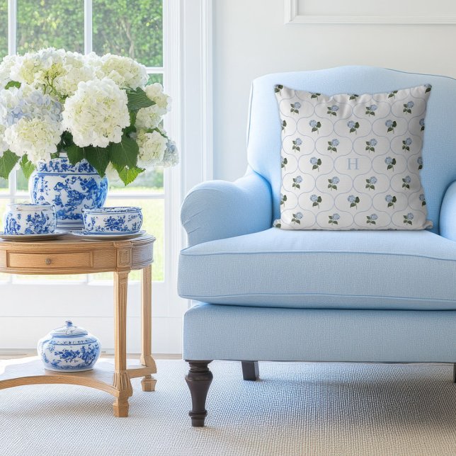 Coussin Trellis de l'Hydrange Bleue Monogramme   (Hydrangea Blue Trellis Pillow)