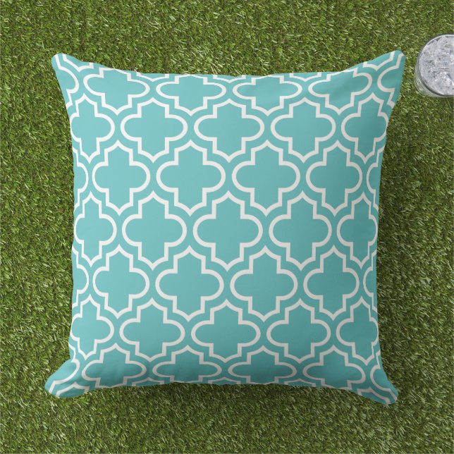 Coussin Trellis en quatrefeuilles aqua blanc classique (Herbe)