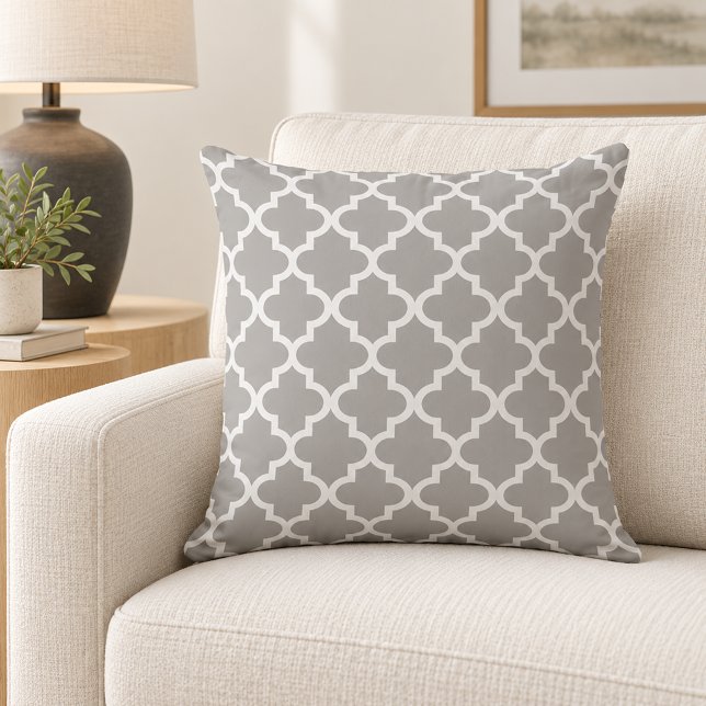 Coussin Trellis Quatrefoil Blanc Gris Classique (Créateur téléchargé)