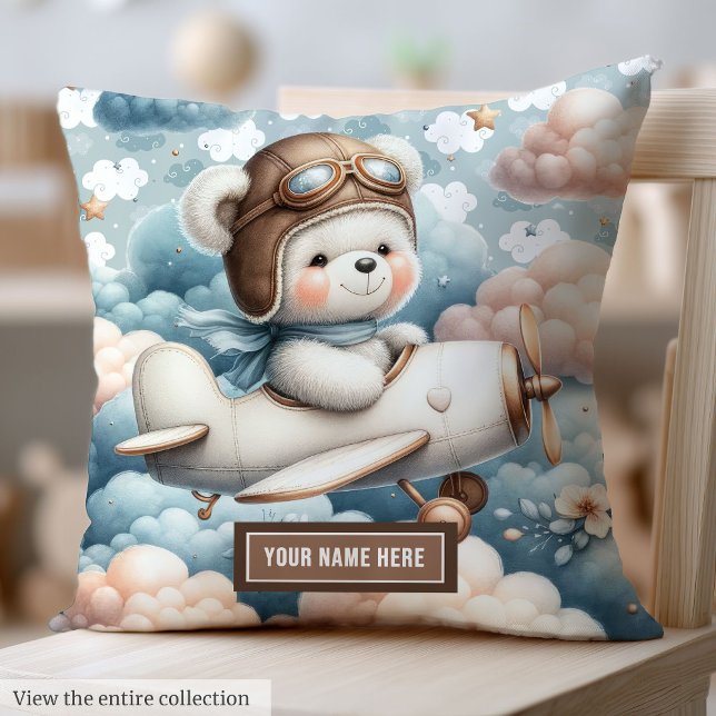 Coussin Trend mignon ours en peluche pilote garçon baby sh (Trend cute teddy bear pilot boy baby shower pillow)