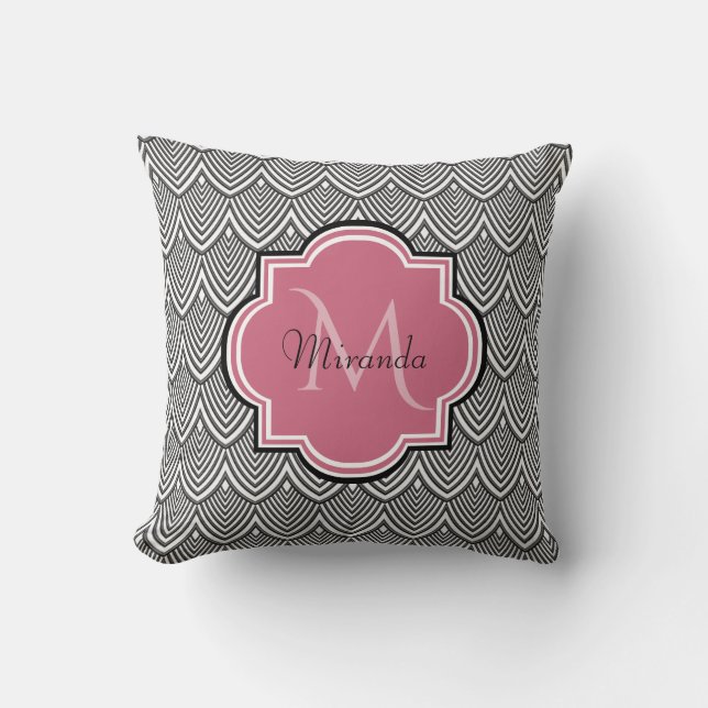 Coussin Trendy Black Arched Scallops Pink Monogramme Nom (Recto)