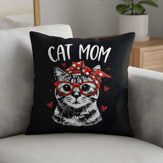 Coussin Trendy Cat Mom with Glasses & Bandana Black 