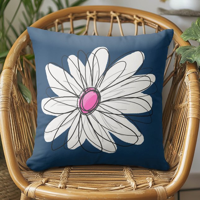 Coussin Trendy Daisy Floral Illustration - navy and pink (Daisy Pillow)