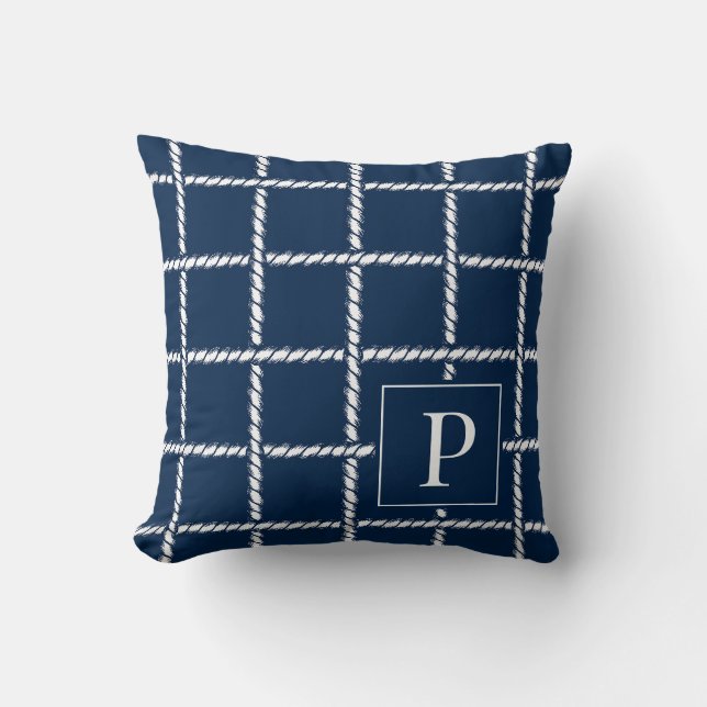 Coussin Tressé de corde nautique – Monogramme côtier de la (Recto)