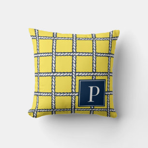 Coussin Tressé de corde nautique – Monogramme côtier jaune