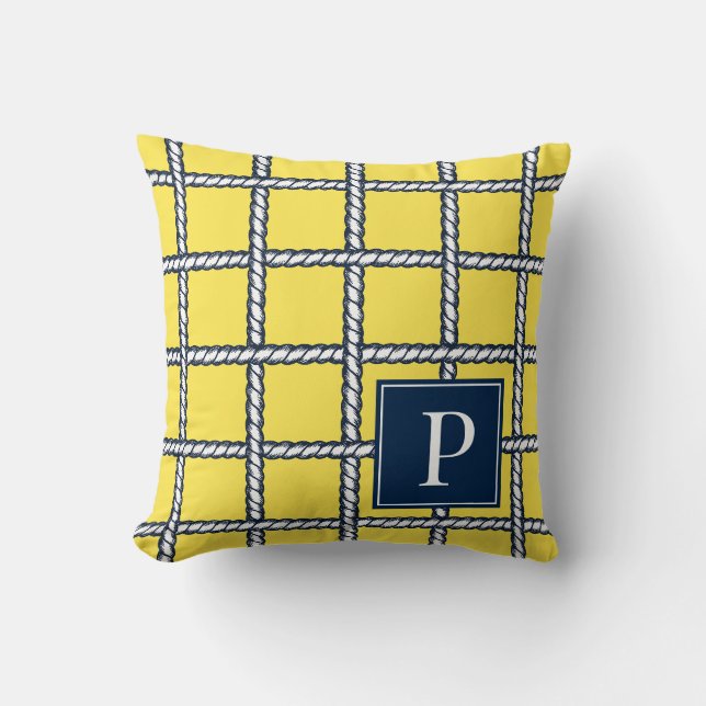 Coussin Tressé de corde nautique – Monogramme côtier jaune (Recto)