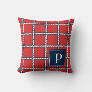 Coussin Tressé de Corde Naútíque –  Monogramme côtier roug