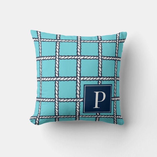 Coussin Tresse de corde nautique – Monogramme côtier turqu (Recto)