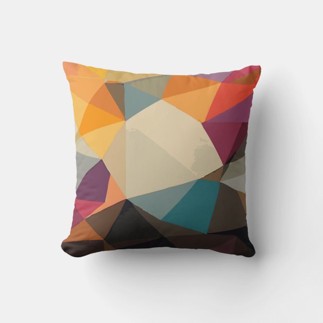 Coussin Triangles Abstraits en Rouge, Orange, Jaune et Bru (Recto)