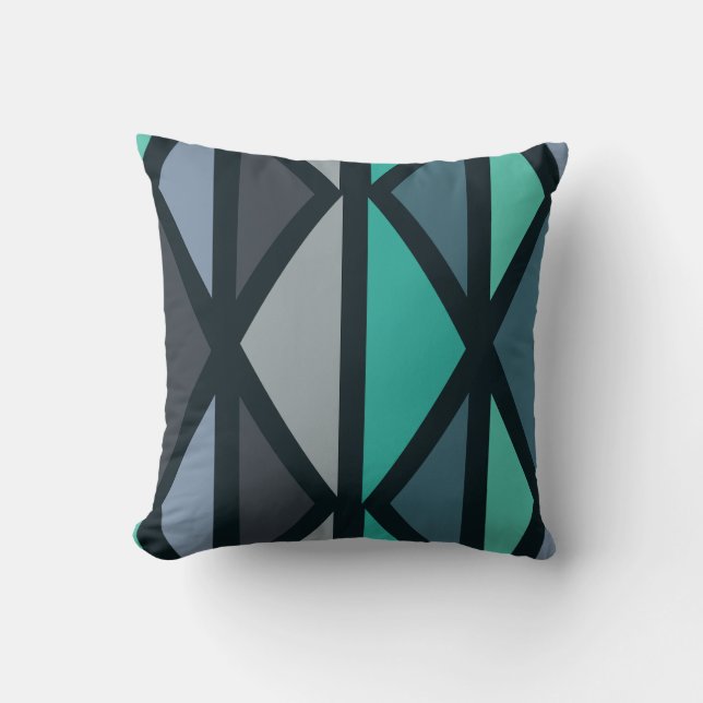 Coussin Triangles d'art géométrique rétro Turquoise noir (Recto)