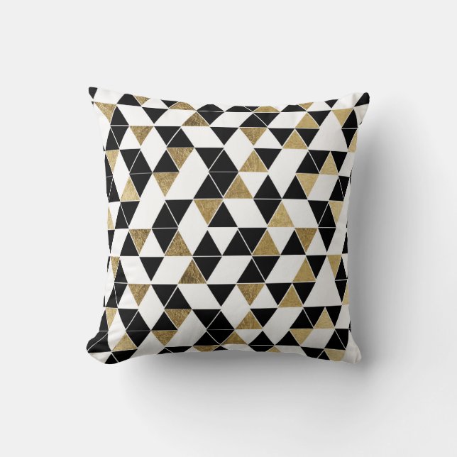 Coussin Triangles modernes noires, blanches, et de Faux (Recto)