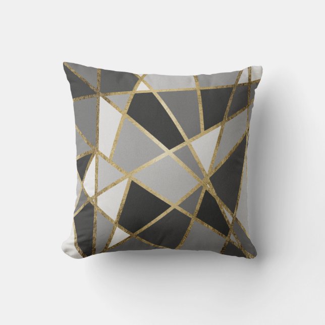 Coussin Triangles modernes noires et grises d'or de Geo (Recto)