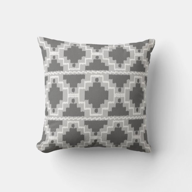 Coussin Tribal aztèque d'Ikat - foncé et gris-clair/gris (Recto)