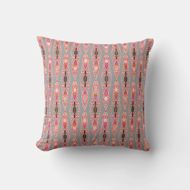 Coussin Tribal Batik - Coral rose et gris argent (Recto)