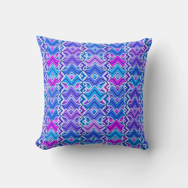 Coussin Tribal Batik Imprimer, bleu, violet et blanc (Recto)