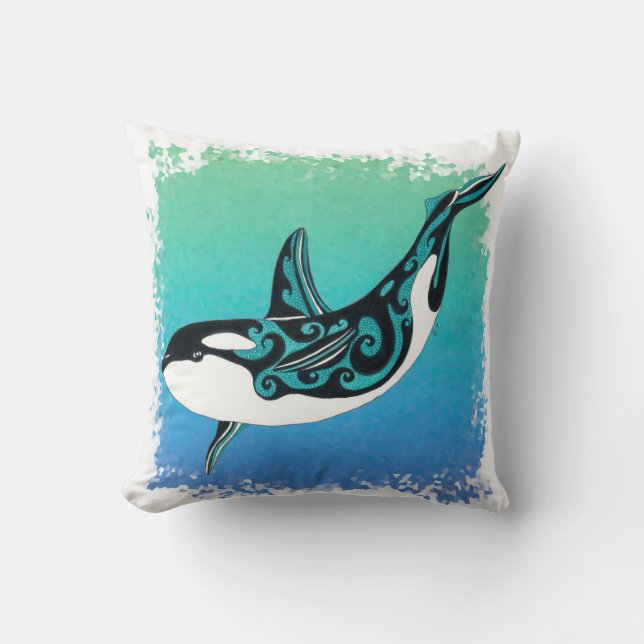 Coussin Tribal de Teal de baleine d'orque (Recto)