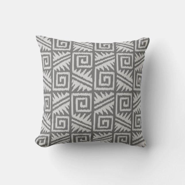 Coussin Tribal d'Ikat Aztec - Nuances de gris / gris (Recto)