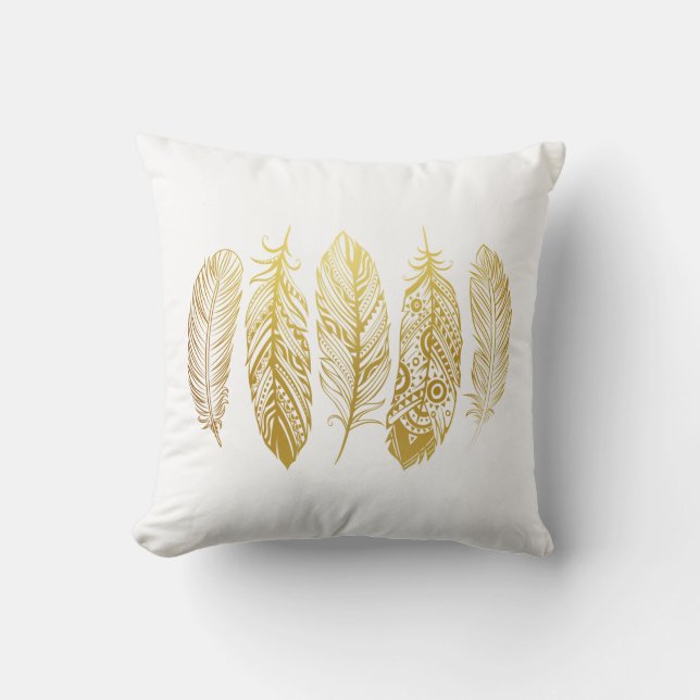 Coussin tribal d'impression de plume d'or de Faux (Recto)
