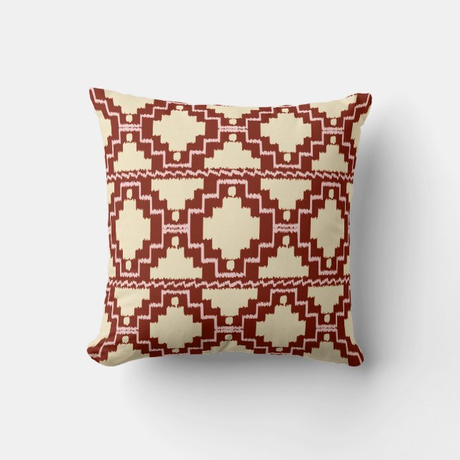 Coussin Tribal Ikat Aztec - Beige, Bourgogne et rose (Recto)