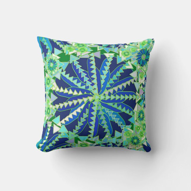 Coussin Tribal Mandala Print, Cobalt Blue et Green (Recto)
