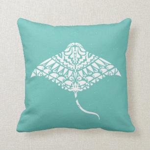 Coussin Tribal Manta Ray Spirit Animal Bleu et Blanc