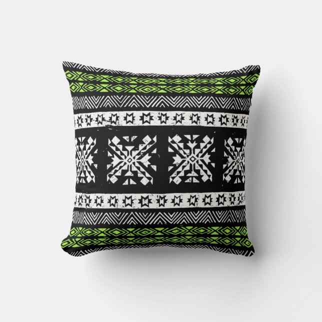 Coussin Tribal Navajo, motif noir blanc vert. (Recto)