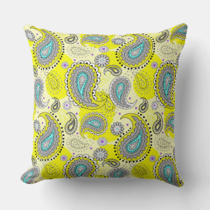 Coussin Tribal Paisley Motif Lemon Yellow Turquoise