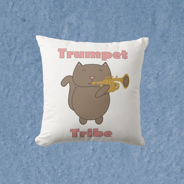 Coussin Tribu de la Trompette Chat Musicien (A throw pillow with a brown cat playing the trumpet and the words trumpet tribe.)