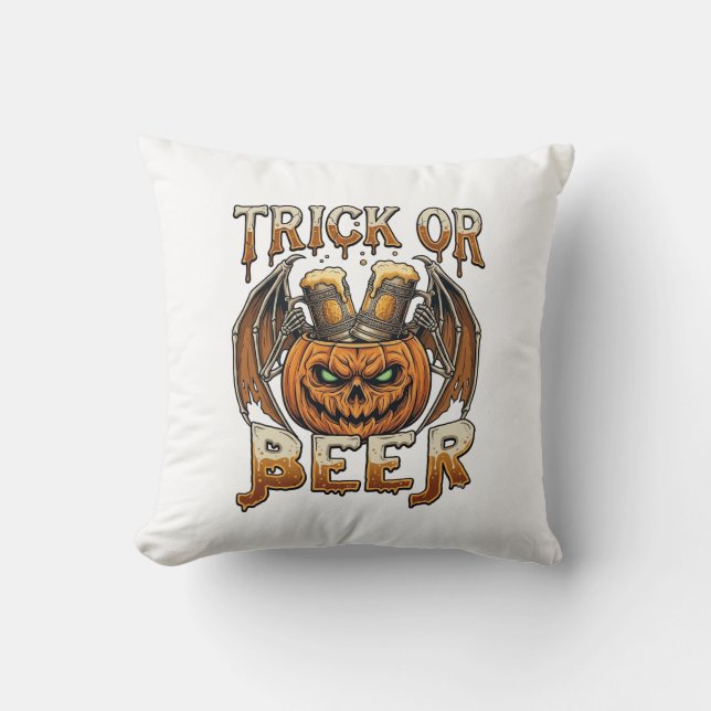 Coussin Trick Or Beer Halloween Citrouille Squelette Ailes (Recto)
