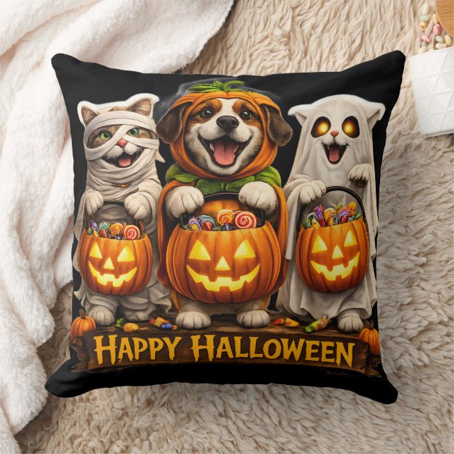 Coussin Trick or treat trio whimsical happy Halloween deco (Couverture)
